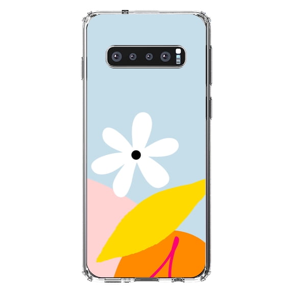 DistinctInk Clear Shockproof Hybrid Case for Samsung Galaxy S10 (6.1" Screen) - TPU Bumper, Acrylic Back, Tempered Glass Screen Protector - Summer Vibes Bold Cherry Pink Orange Yellow