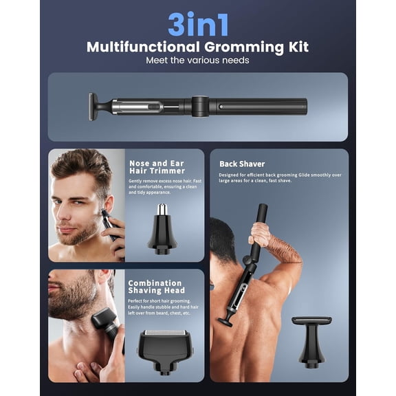 Electric Back Shaver for Men, 3 in 1 Mens Back Shaver, Cordless Back Hair Trimmer for Men with Extendable Long Handle, Self-Service Body Groomer  with Wider Blade