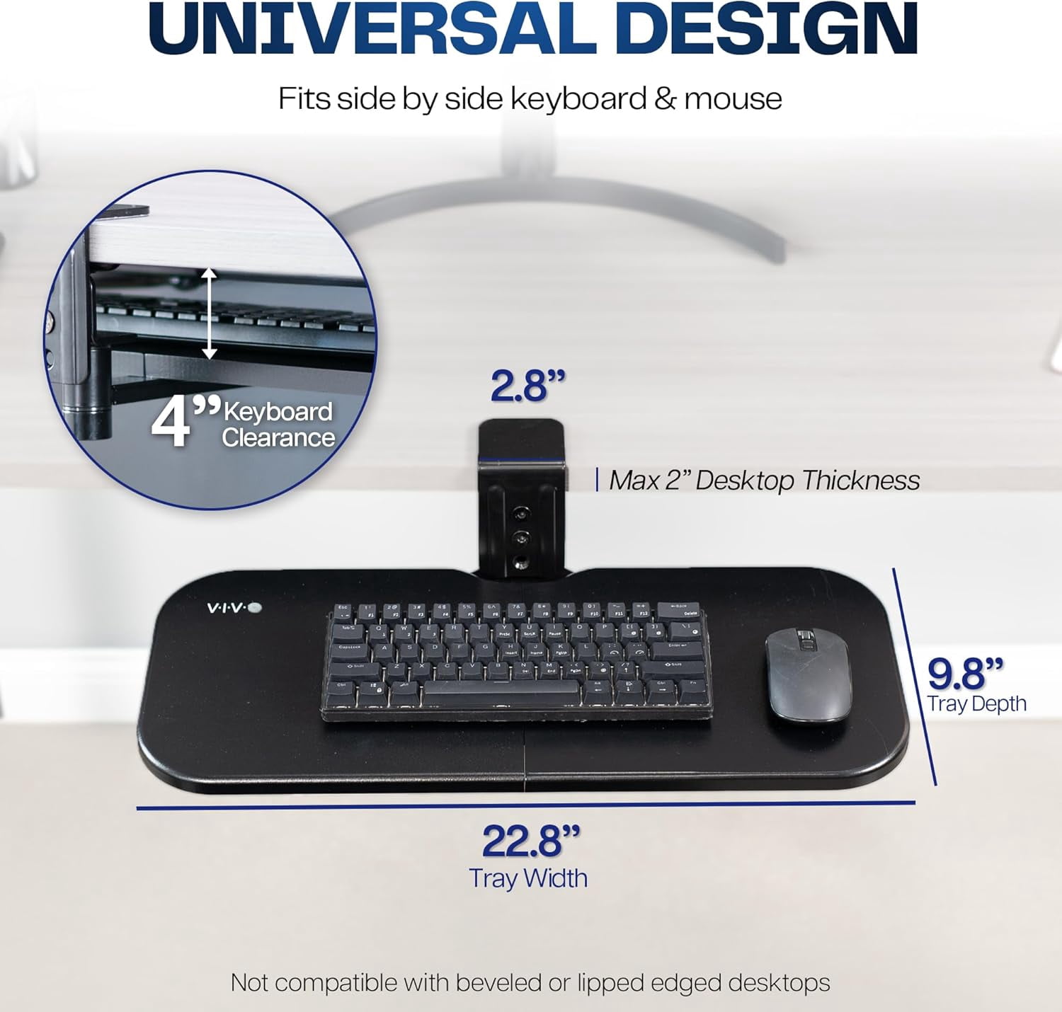 Clamp-on 23 x 10 Inch Rotating Computer Keyboard and Mouse Tray, Extra Sturdy Desk Swivel Clamp, Ergonomic Typing, Black, MOUNT-KB04CB