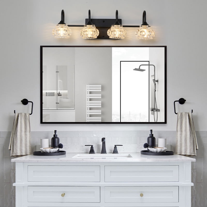 23" Retro 4-Light Bathroom Vanity Light Fixture, Black Bathroom Light with Crystal Glass Shades, Wall Mounted Bathroom Lighting Fixture Over Mirror, Vanity Light for Powder Room (Bulbs Not Included)