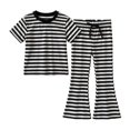 thumbnail image 3 of Babcutegg Striped Short Sleeve Round Neck T-Shirt and Flared Pant Two-Piece Set – Lightweight Summer Casual Outfit for Girls Black Size 3T, 3 of 8