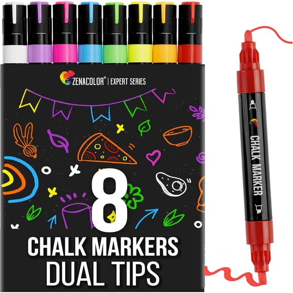 Zenacolor Liquid Chalk Markers - Dual Tips, 8 Vibrant Colors, Non-Toxic, Quick-Drying, Erasable for Blackboard, Windows, Glass, Cars, Dry Erase