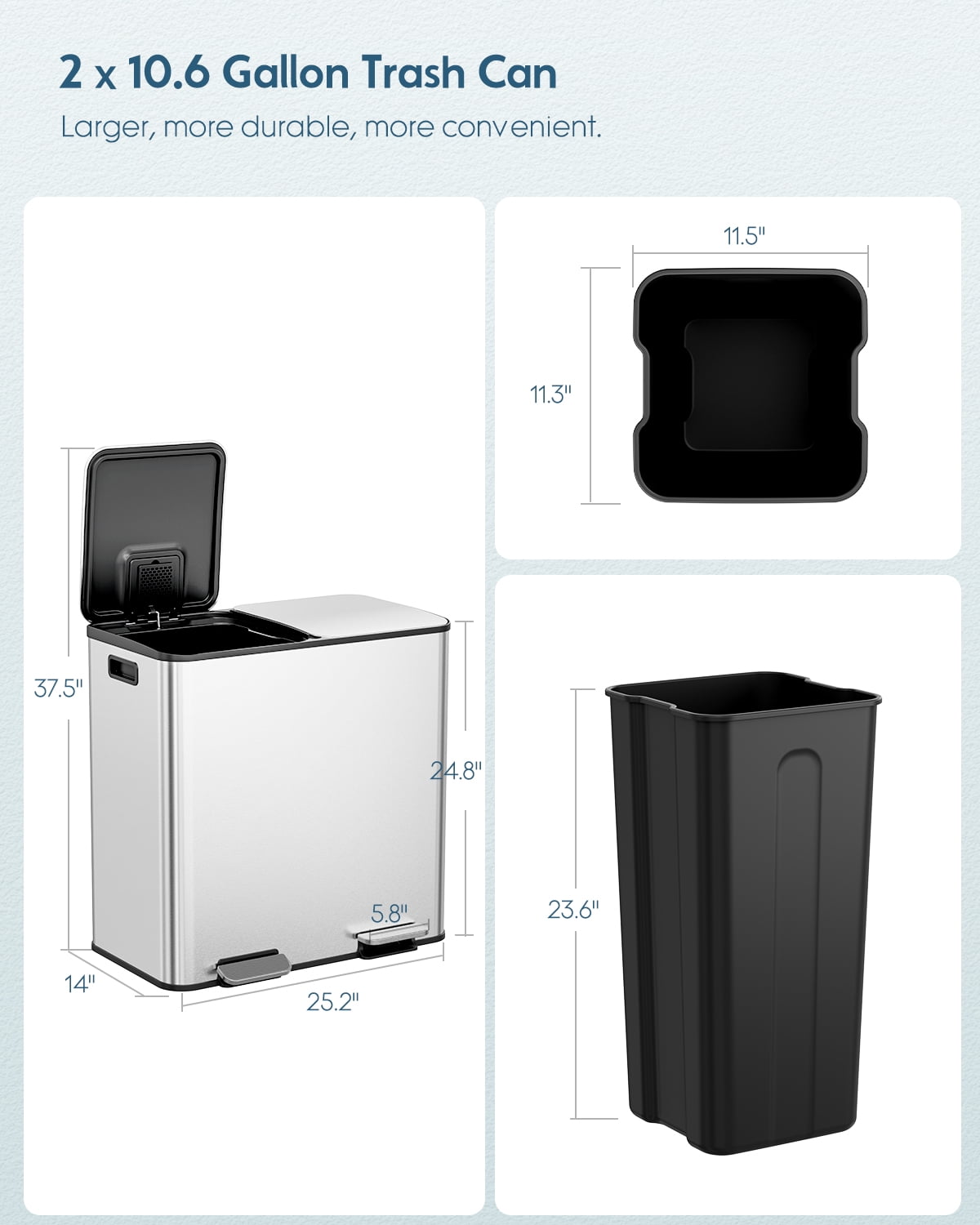 Arlopu 21.2gal Dual Trash Can, Stainless Steel Compartment Garbage can with Odor-Control Box, Step-on Recycle Bin with Soft-Close Lid & Removable Inner Buckets