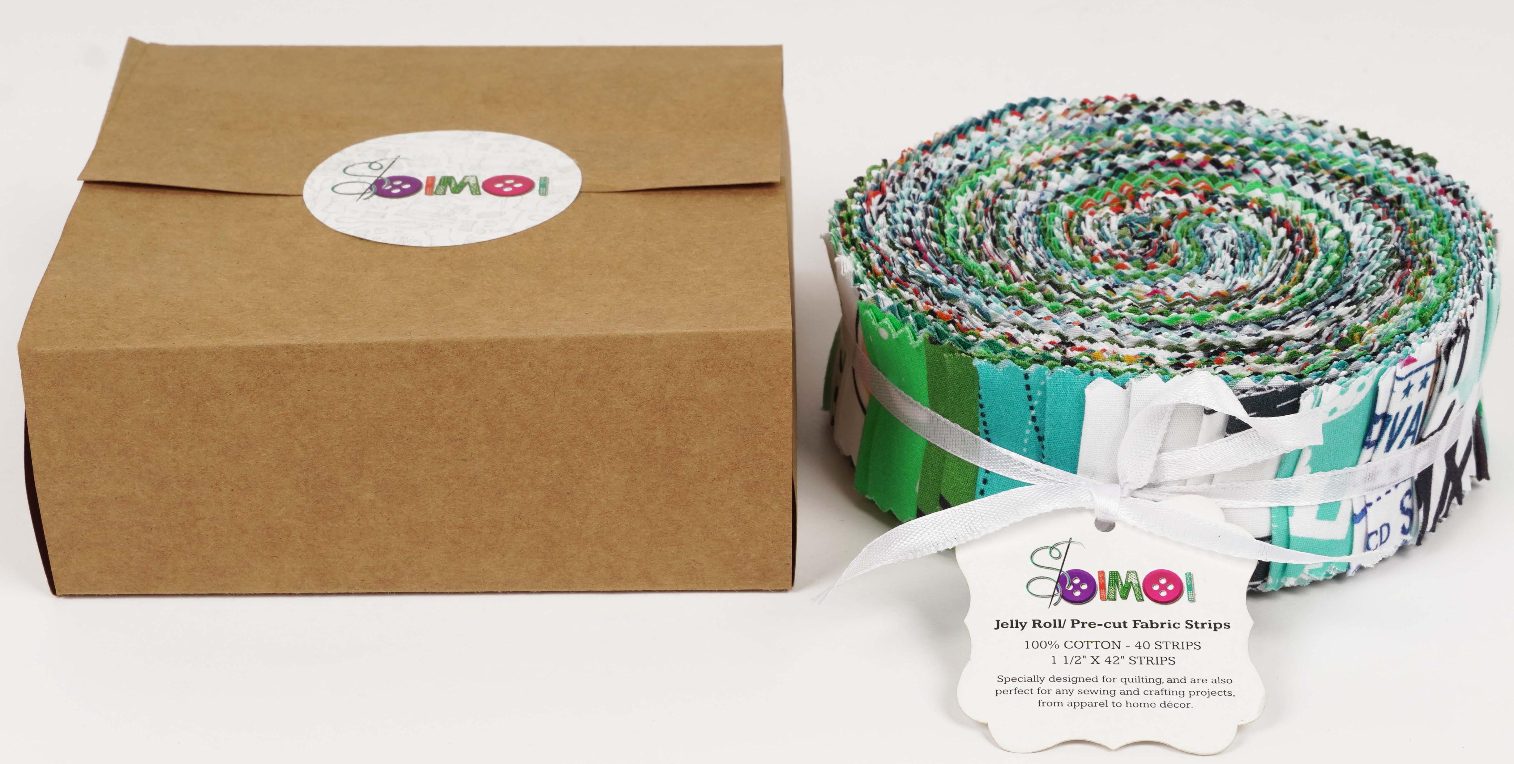 Soimoi 40Pcs Travel Print Precut Fabrics Strips Roll Up 1.5x42inches Cotton Jelly Rolls For Quilting - Multicolor