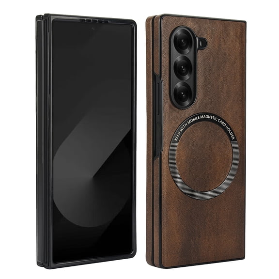 Allytechgroup Magnetic Case for Samsung Galaxy Z Fold 5, Premium PU Leather Back Cover Compatible with Magsafe Anti-Scratch Shockproof Case for Women Men, Brown