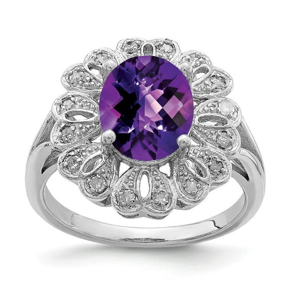 White Sterling Silver Ring Band Gemstone Amethyst Oval Purple Diamond