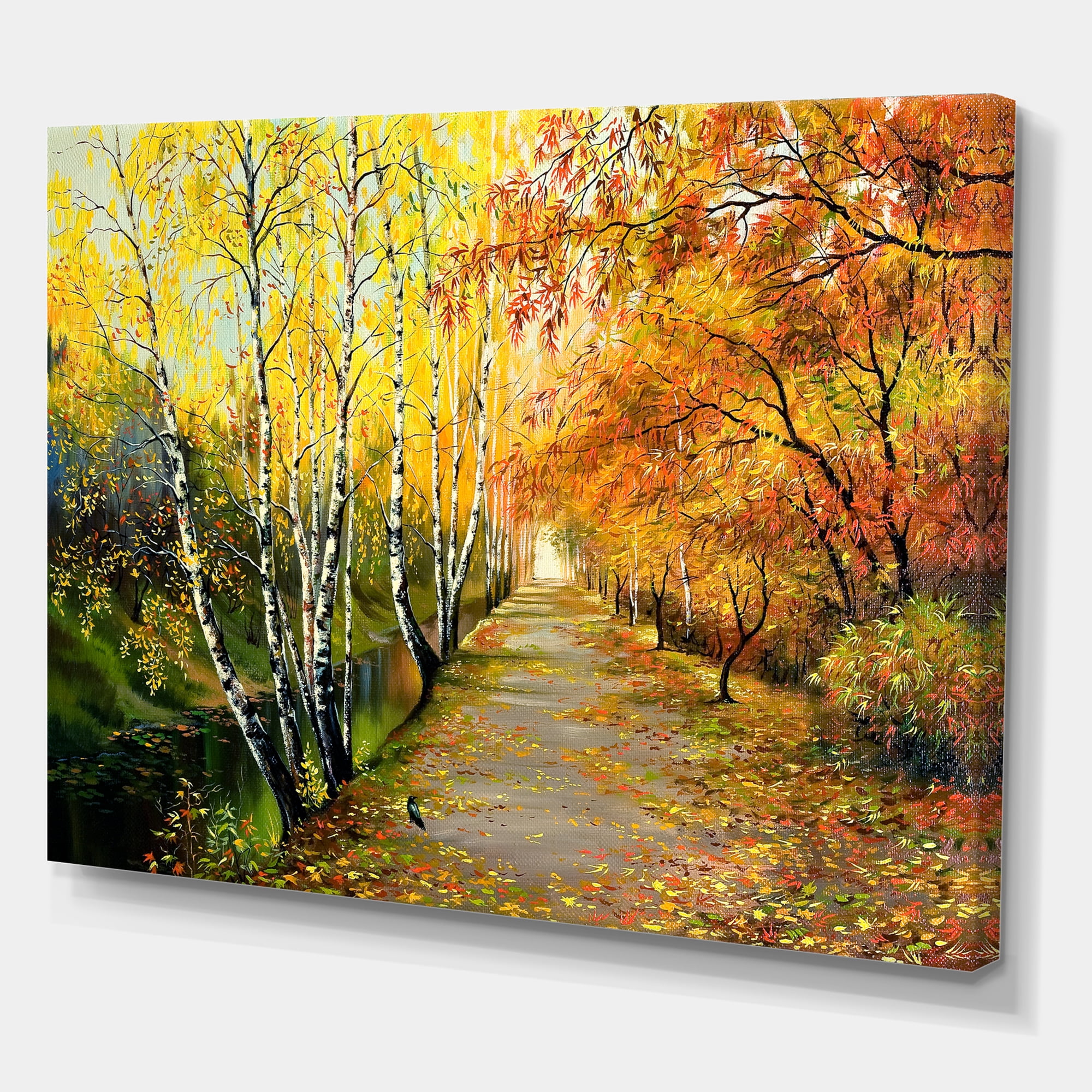 Designart ' Path Through The Autumn Woods Along River ' Traditional Canvas Wall Art Print