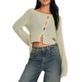 thumbnail image 2 of Arvbitana Women Trendy Cardigan Solid Color Crew Neck Sweater Knit Pullover Long Sleeve Button Closure T-shirt Fall Streetwear Cropped Tops, 2 of 9