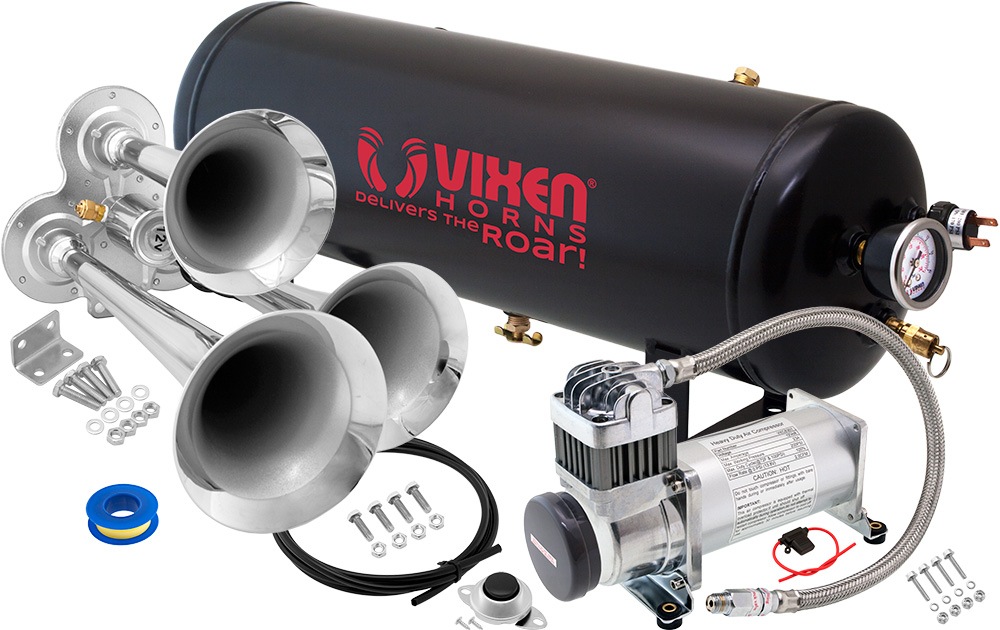 Vixen Horns Train Horn Kit for Trucks/Car/Semi. Complete Onboard System-  200psi Air Compressor, 2.5 Gallon Tank, Trumpets. Super Loud dB. Fits  Vehicles like Pickup/Jeep/RV/SUV 12v VXO8325/3114