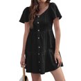 thumbnail image 4 of HUBERY Women Ruffle Short Sleeve Buttons Solid Color Spliced Tiered Mini Dress, 4 of 6