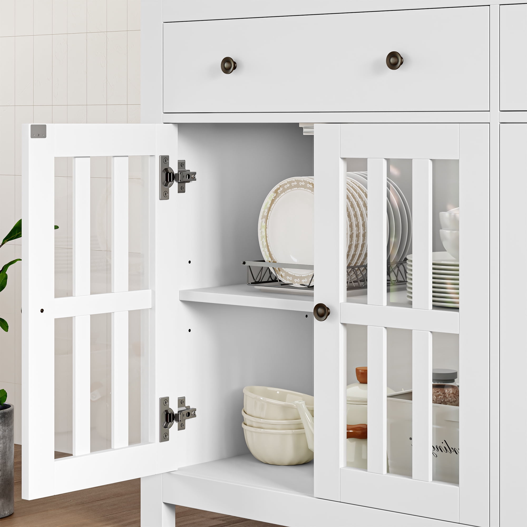 Homfa Kitchen Buffet Sideboard, Modern Wood Storage Cabinet with 4 Glass Doors & 3 Adjustable Shelves for Dining Room, White