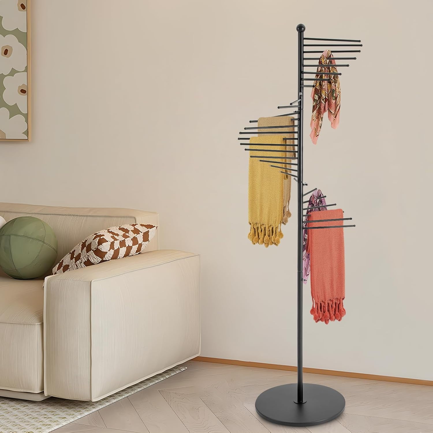 Black Freestanding Scarf Display Rack Spiral Scarf Display Stand, Metal Scarf Racks Commercial Hijab Organizer Belt Pants Hanger for Clothing Store Home-17x67In