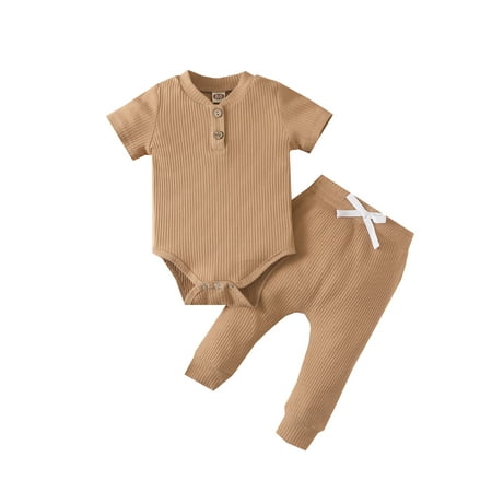 

Domingbub Newborn Infant Baby Boy Girl 2Pcs Summer Clothing Set Solid Bodystui Top Long Pants Outfit Coffee 6-12 Months