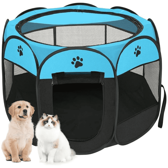 Portable Pet Playpen, 29" Foldable & Portable – 8-Sided Pop-Up Cat/Dog Pen for Indoor Outdoor Travel (Blue)