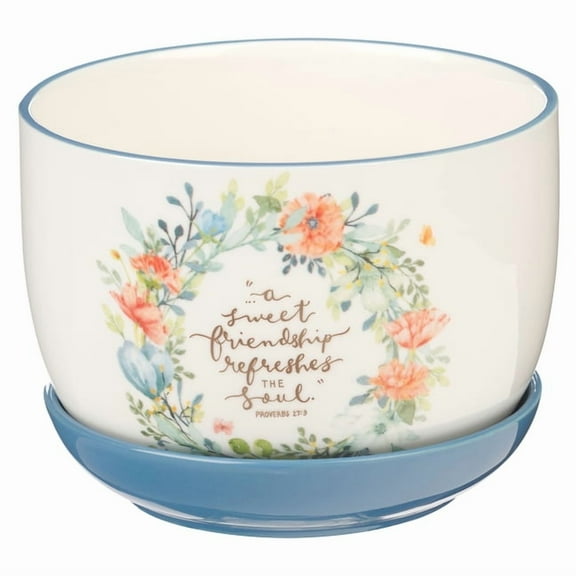 Christian Art Gifts Two Piece White Ceramic Table Top Scripture Planter Pot & Detachable Light Blue Saucer Tray for , (Hardcover)
