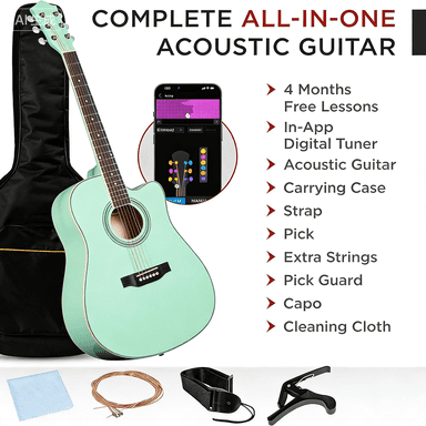 HarmonyStrings 41in Beginner Acoustic Guitar Full Size All Wood Cutaway Guitar Starter Set w/Case, Strap, Capo, Strings SoCal Green