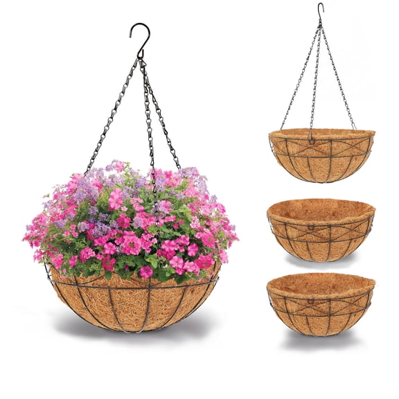 Durable Metal Hanging Basket with Coco Liner, Round Flower Planter for Porch, Balcony, Garden, Patio, Indoor and Outdoor Decorative Plant Holder, 14 inch