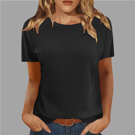 Htigea 3/4 Length Sleeve Womens Tops Knit Casual Loose Fit Crewneck T Shirts Basic Tunic Tees Three Quarter Sleeve Today Sales Black,S