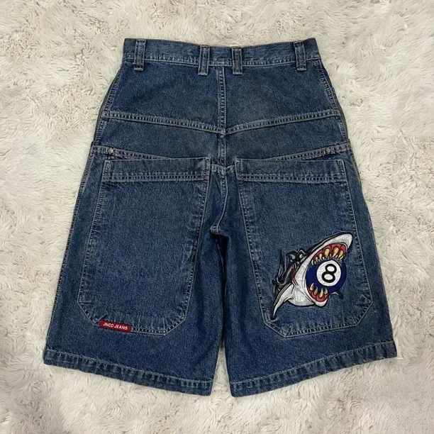 JNCO Shark Pattern Denim Shorts Men's Y2K Street Pool Pattern 90s