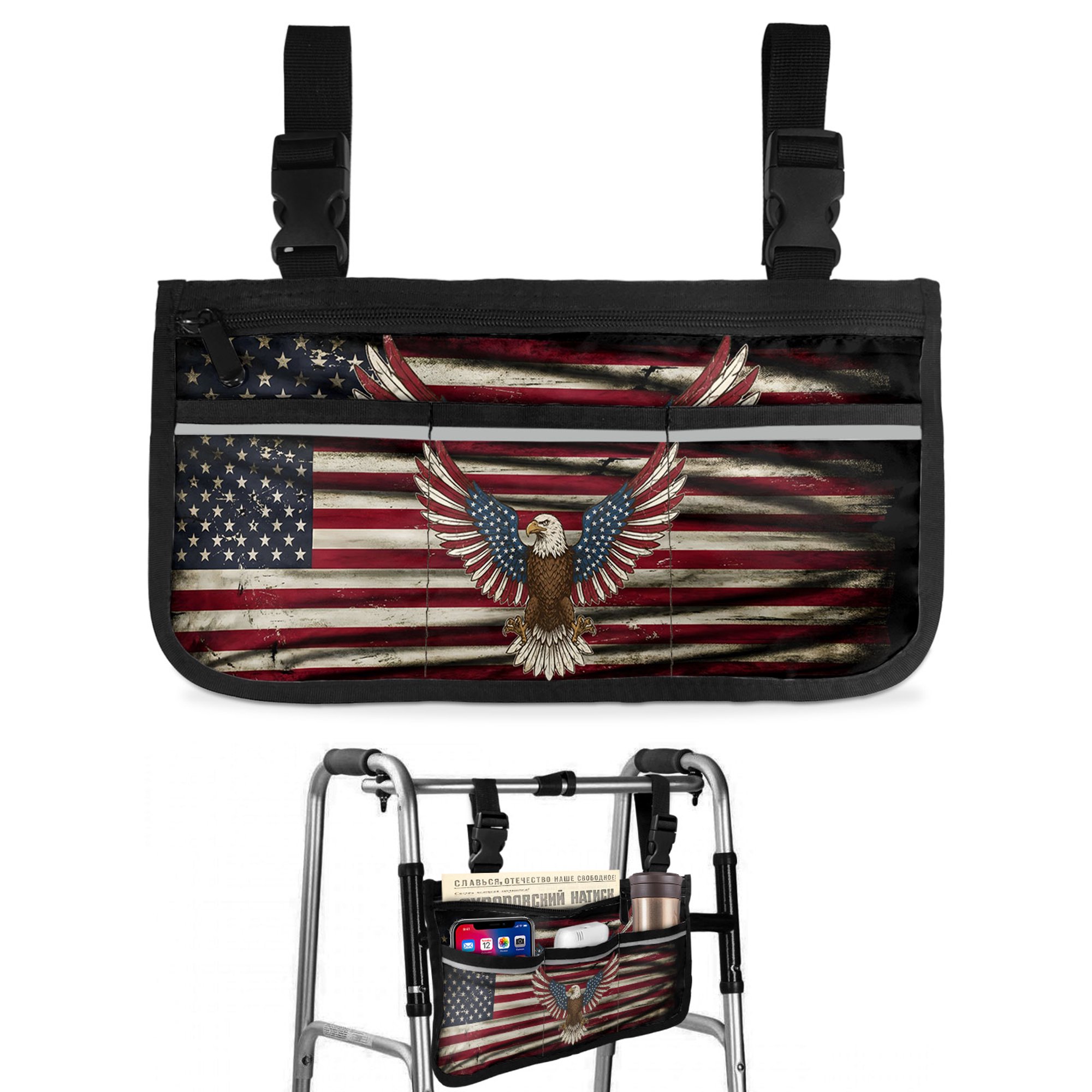 Bald Eagle Wheelchair Side Bag with Cup Holder, Vintage American Flag Spread Wings Black Backdrop Wheelchair Armrest Bag Storage Pouch Adults, Seniors for Walkers, Rollator, Scooter