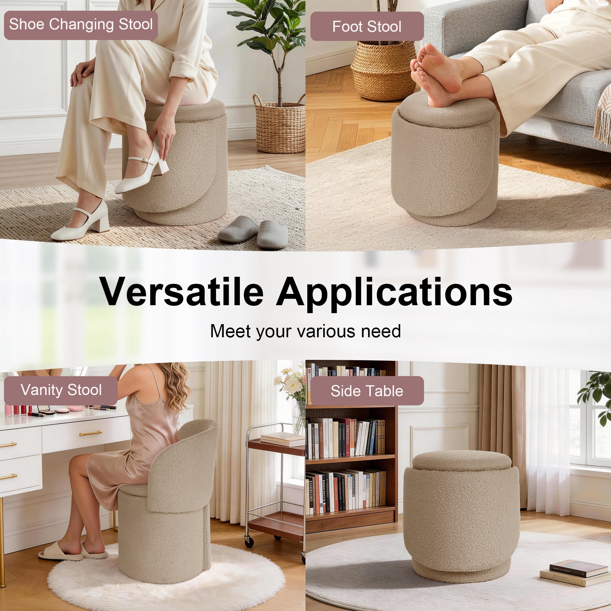 GEEYOO Modern Round Vanity Storage Stool,Sherpa Upholstered Ottoman with Foldable Backrest and Removable Lid,Comfy Makeup Stool for Bedroom Living Room,Khaki