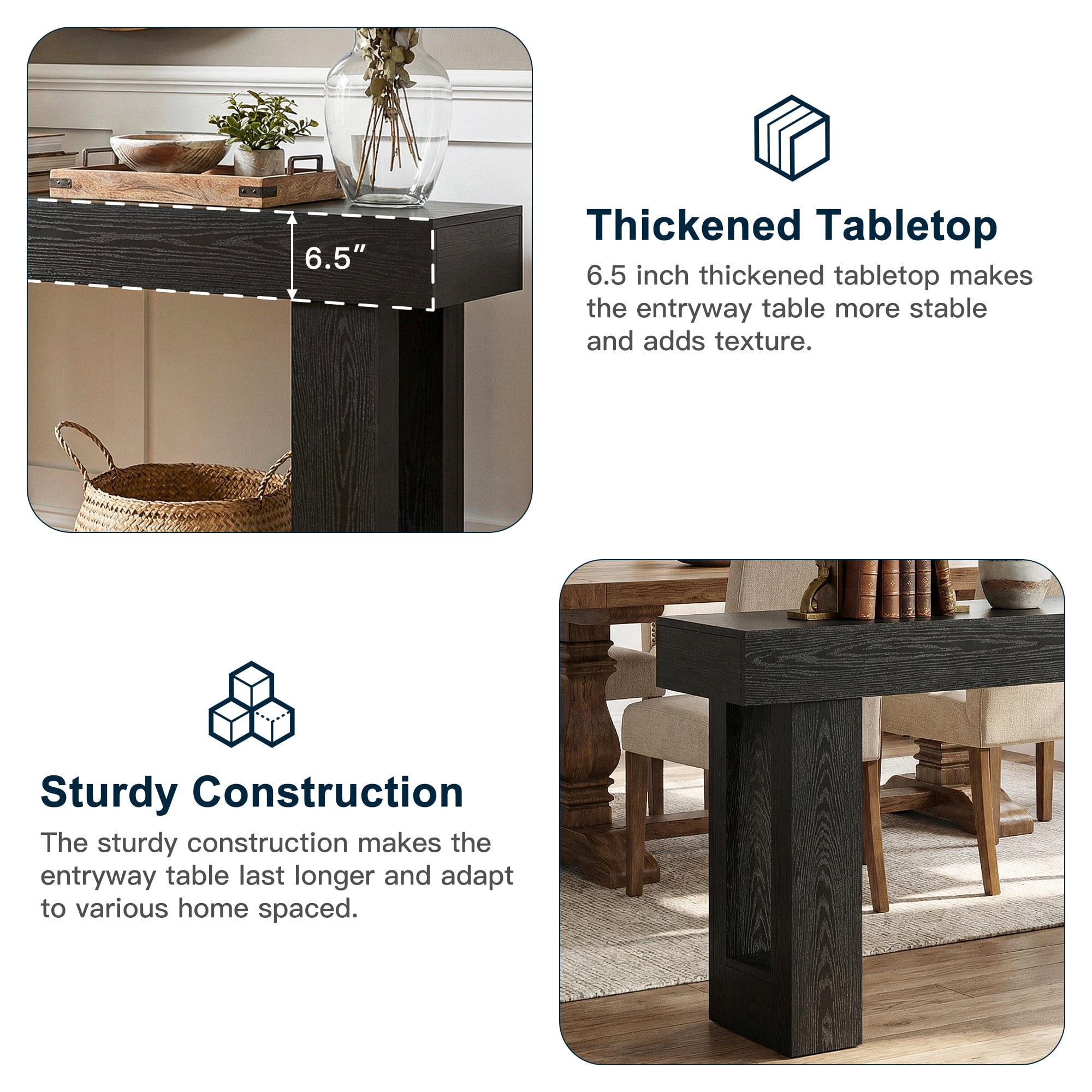 Demi Bonn 63" Console Table, Farmhouse Wooden Sofa Table Entryway Table for Hallway, Entrance, Living Room, Bedroom, Black