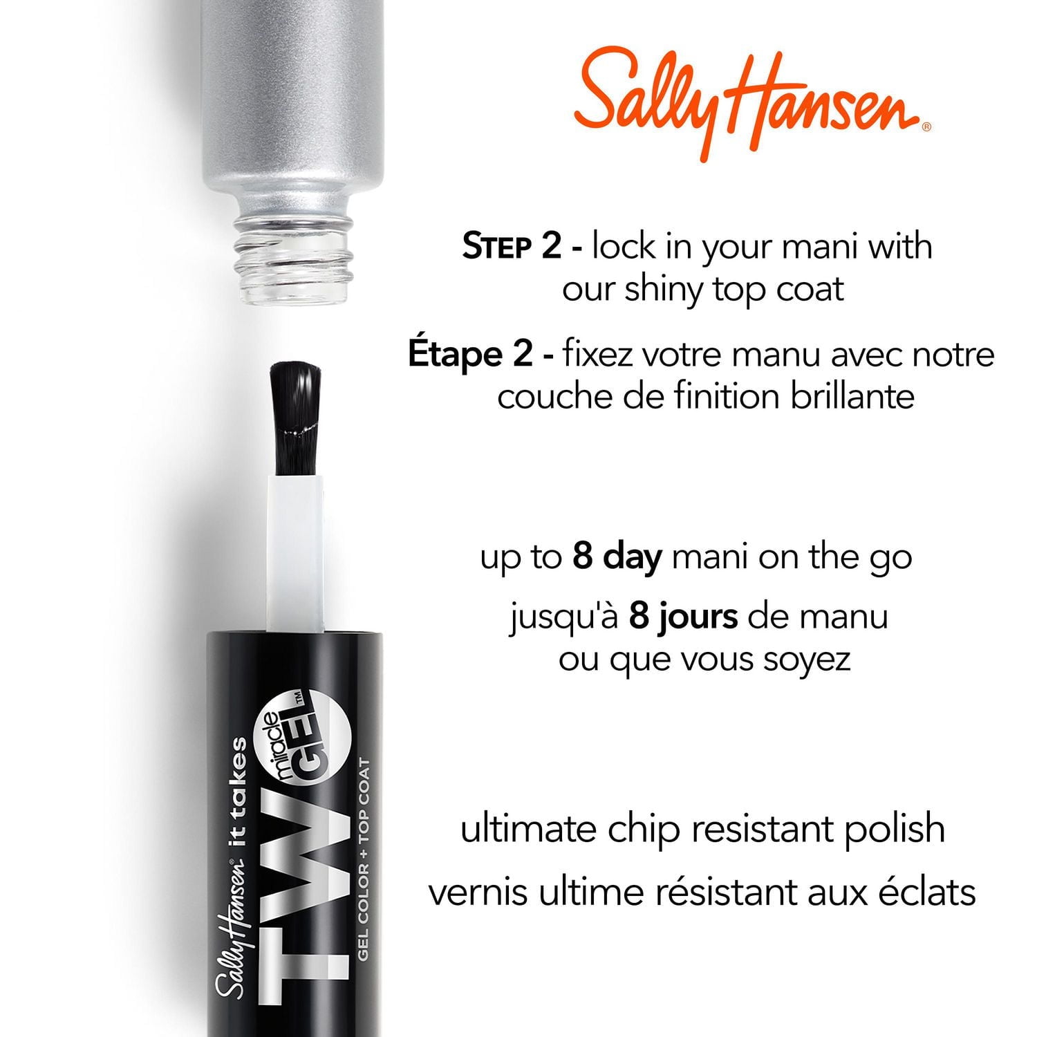 Sally Hansen - Miracle Gel™ It Takes Two™ - Vernis à ongles et couche de finition 2 en 1, système de gel en 2 étapes, sans lampe UV, tenue jusqu'à 8 jours