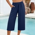 thumbnail image 5 of Petite Capris Pants for Women Cotton Linen Casual Summer Straight Wide Leg Loose Pull on Below Knee Drawstring Elastic Waist Cropped Trouser Navy M, 5 of 5