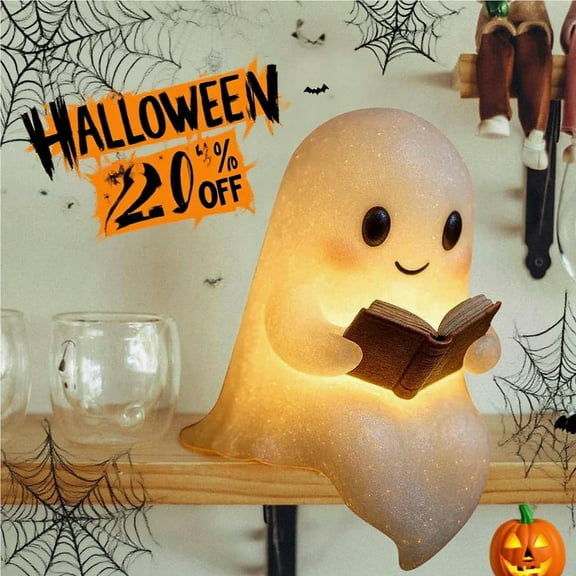Ghost Reading Book Lamp,Ghost Lamp,Cute Ghost Reading Book Lamp, Halloween Light Up Ghost Statue Night Light House Mantel Decor for Home, Ghost Warm Lighted(1pc 6in)