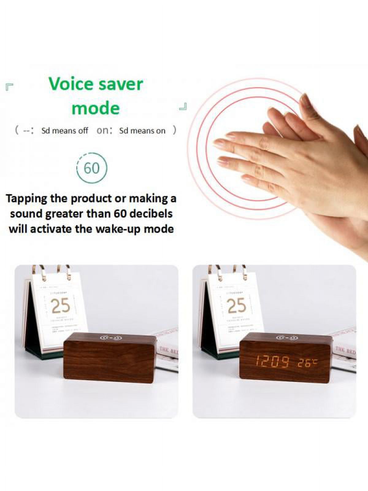 Dragonus Modern Wooden Electric Digital LED Desk Alarm Clock Thermometer Wireless Charger - image 3 of 4