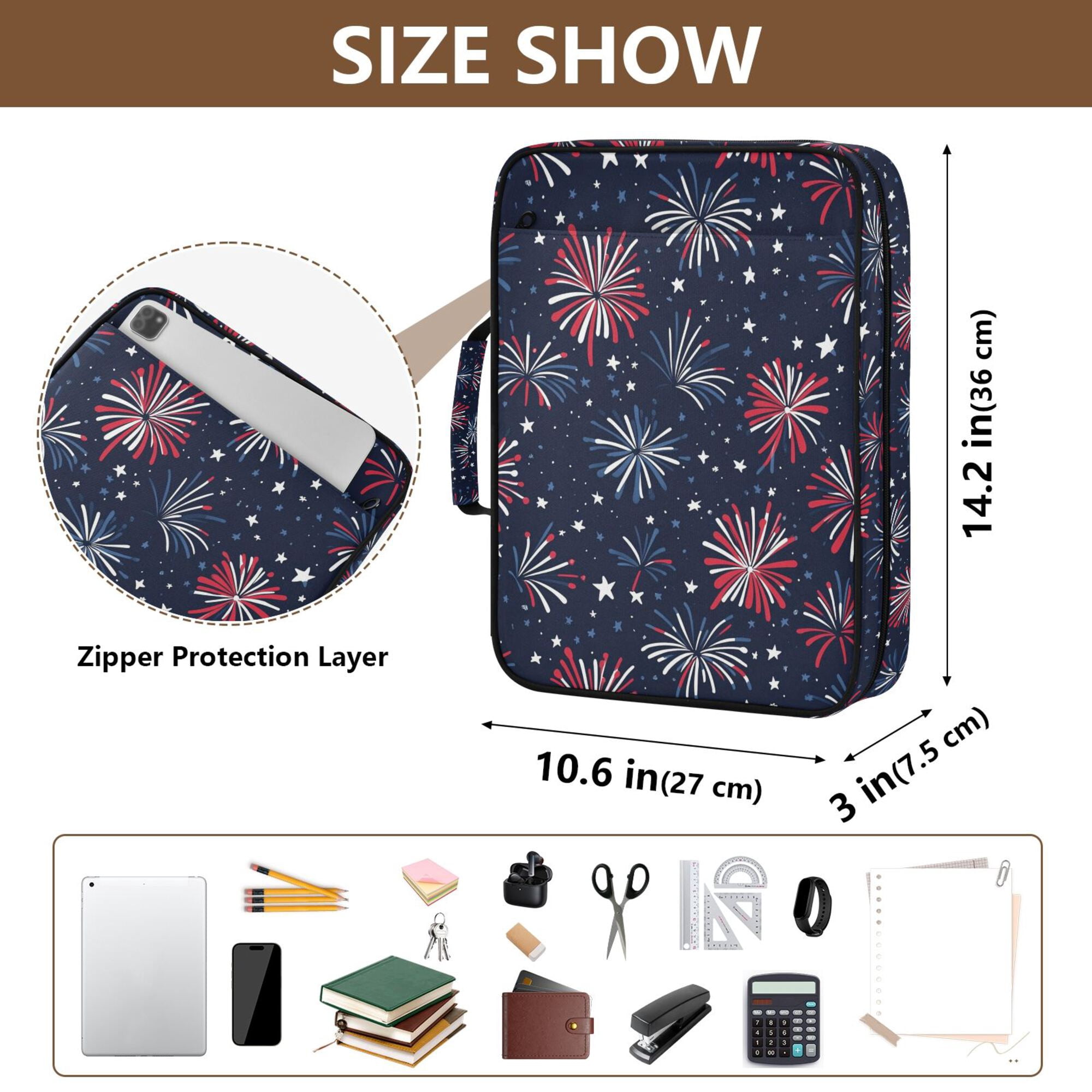 FORMRS Accordion File Folder A4 Size 7-Pocket Expanding Document Organizer Bag with 3 Ring Binder, Red and Blue Fireworks Pattern