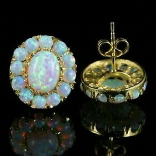 2Ct Oval Cut Simulated Fire Opal Flower Push Back Diamond Stud Earrings 14k Yellow Gold Plated 925 Sterling Silver