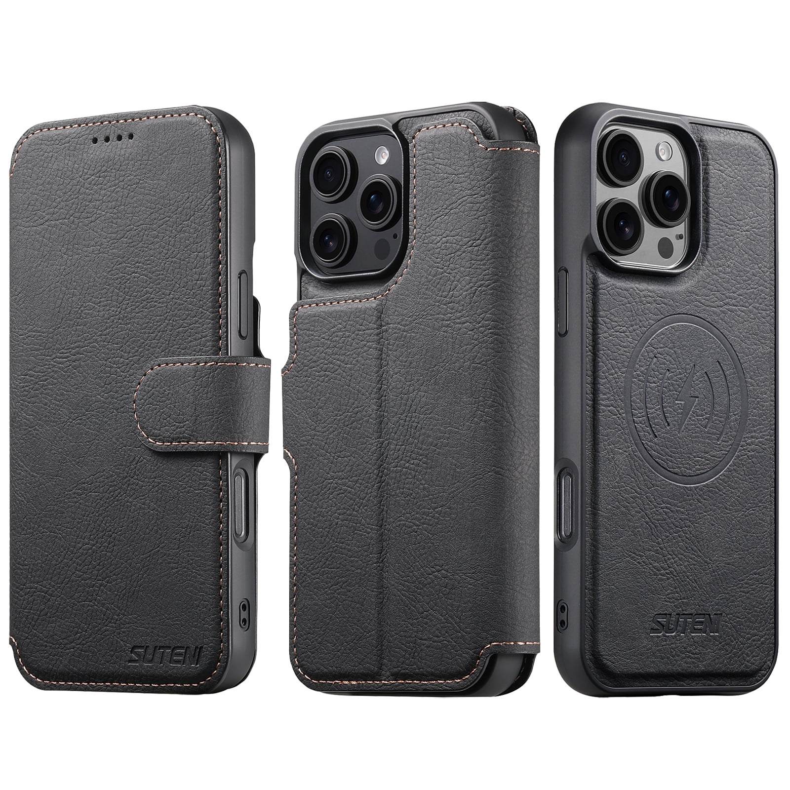 For iPhone 15 Pro Max Wallet Phone Case,Magnetic Detachable PU Leather Flip Design,Compatible with Mag-Safe,With Card Slots,Kickstand,Magnetic Closure Shockproof Anti-Fall Rugged Phone Case,Black