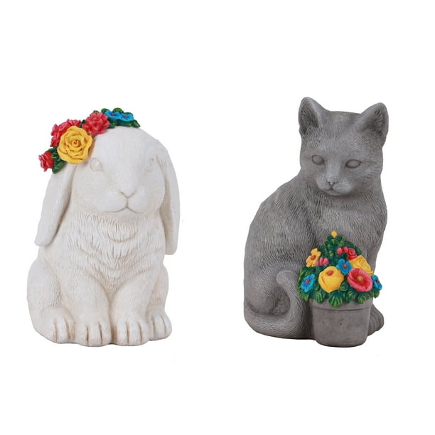 The Pioneer Woman 2 Pack White Bunny Grey Cat Garden Statue, 5.5in L x