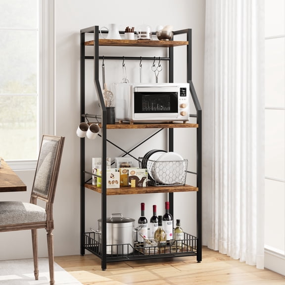 Studyset 4-Tier Rustic Brown Industrial Bakers Rack with Large Wire Basket, Microwave Stand with Large Wire Basket, Microwave Oven Stand with 8 Hooks for Spice Pots and Coffee Bar Storage