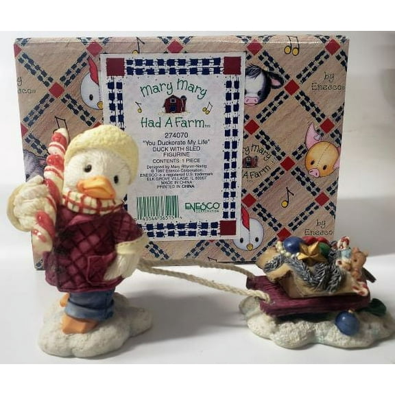 Enesco Mary Mary Had A Farm #274070 1997 "You Duckorate My Life" Duck With Sled Figurine