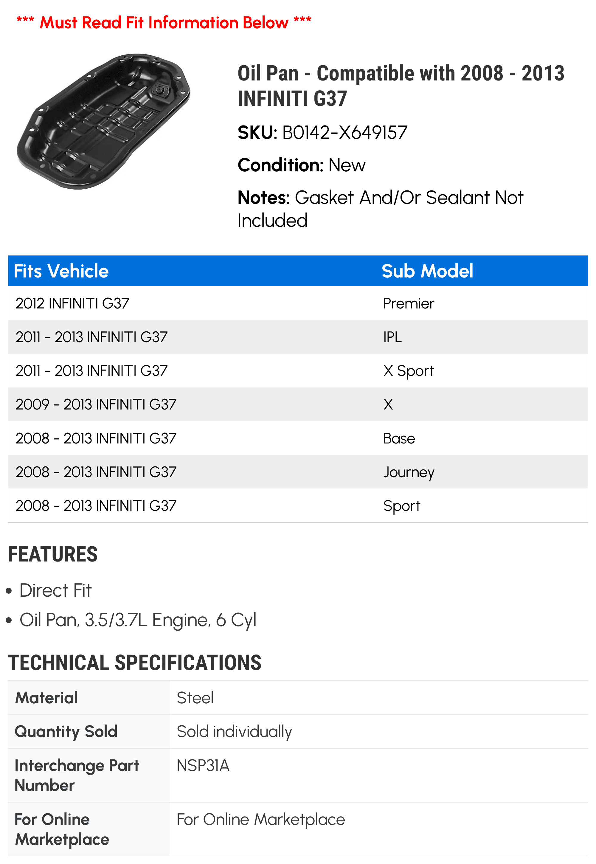 Oil Pan - Compatible with 2008 - 2013 INFINITI G37 - JC Whitney