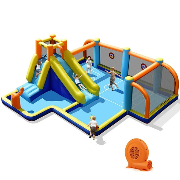 Gymax Giant Soccer-Themed Inflatable Water Slide Bouncer Splash Pool With 680W Blower