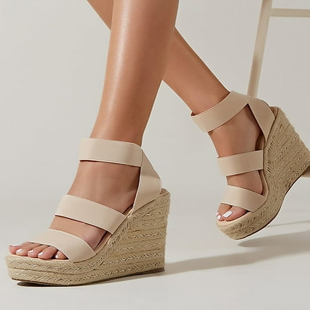 KBODIU Women s Wedge Heels  Women Wide Width Heels Sandals Casual Peep Toe Wedges Super High Heels Fashion Elastic Lace-up Sandals Wedding Heels Prom Heels Dress Shoes Beige 43