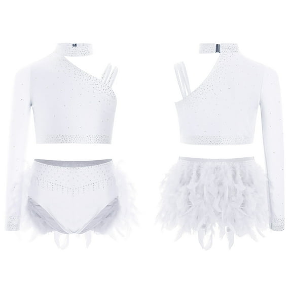 iixpin Kids Girls Modern Lyrical Hip Hop Latin Jazz Ballet Dance Outfits Crop Tops with Feather Skirt Briefs Set White 12