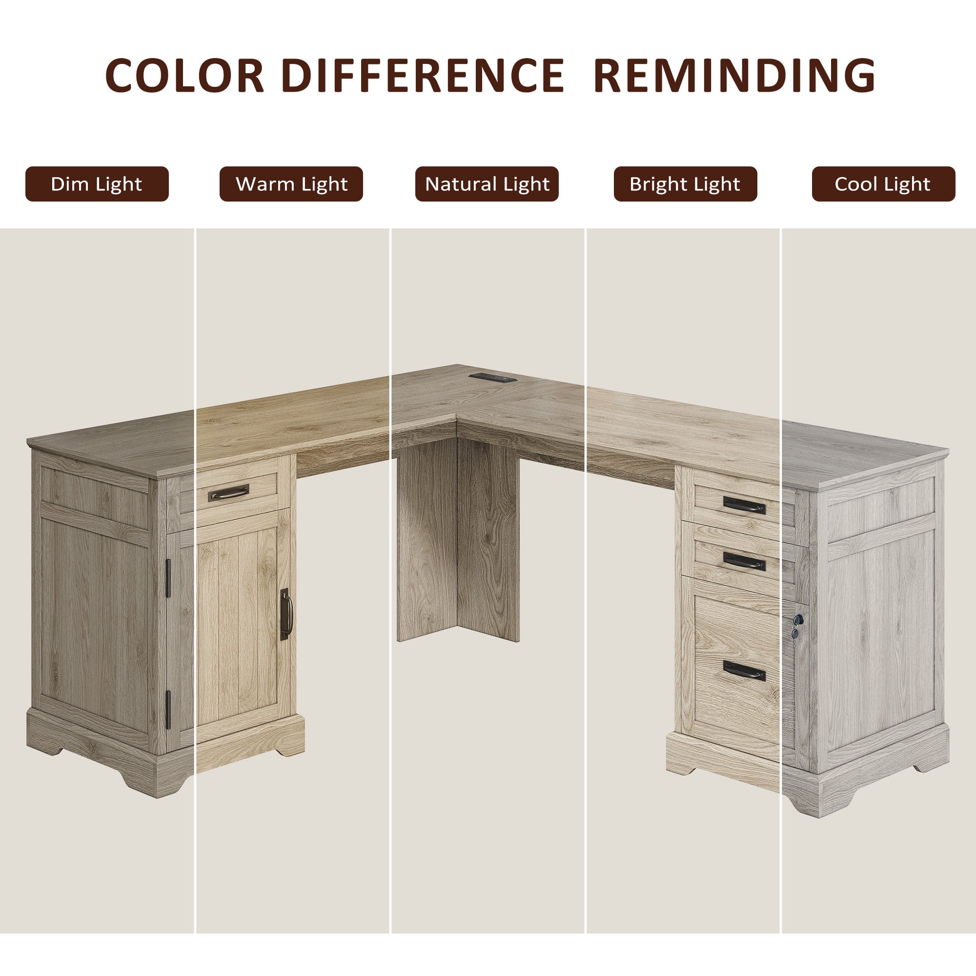67'' Farmhouse L Shape Desk with File Drawers and Charging Station for Home Office, Light Wash Gray