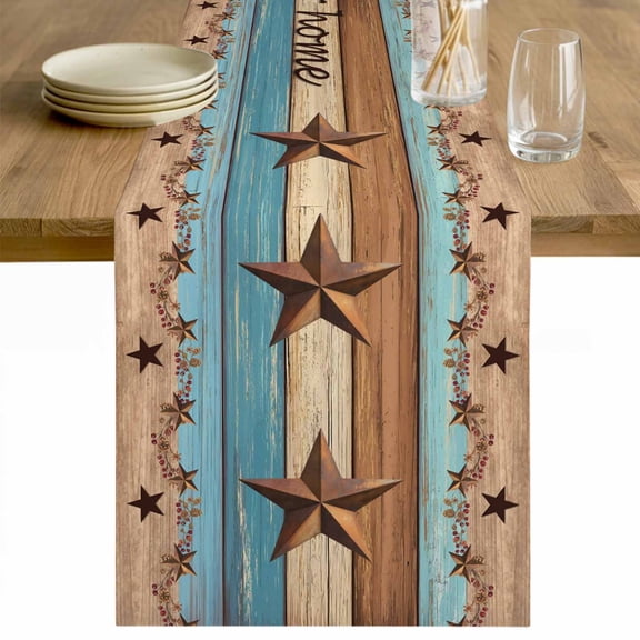 Western Texas Star Retro Table Runner - 70 Inch Long Country Farmhouse Light Blue Brown Wooden Cotton and Linen Blended Dress Scarves Farmhouse Table Runner for Kitchen Dining, Coffee Table, 13"x70"