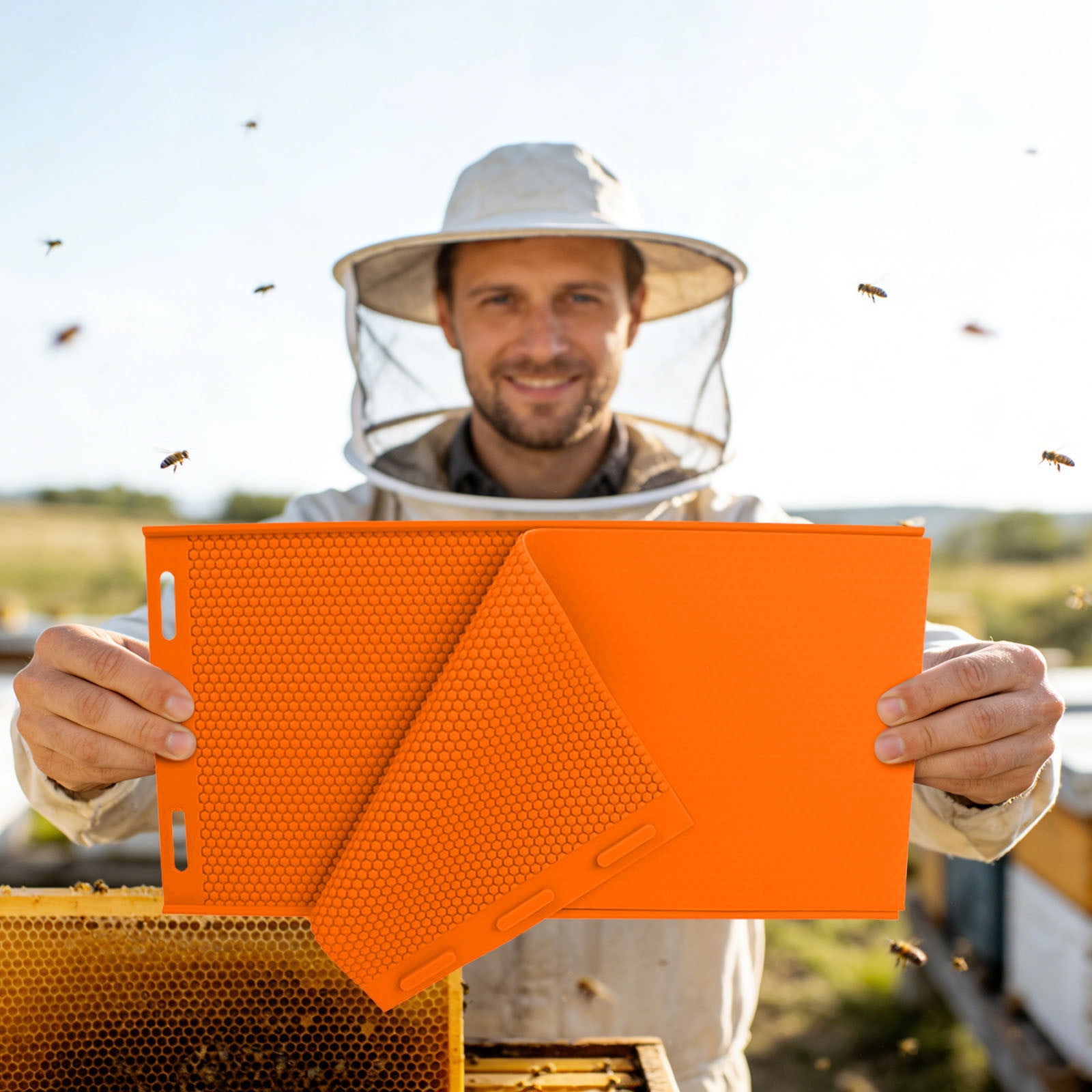Silicone Beeswax Foundation Press Mold with Honey Scraper, 5.4mm Honeycomb 2 Sheets Non-Stick Reusable for Beekeeping and Candle Making Supplies (Orange)