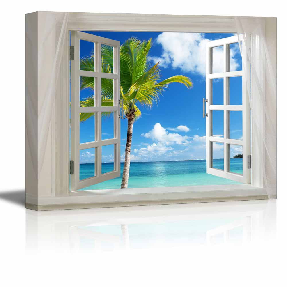 Wall26 Glimpse into Beautiful Tropical Beach with Palm Tree out of Open ...
