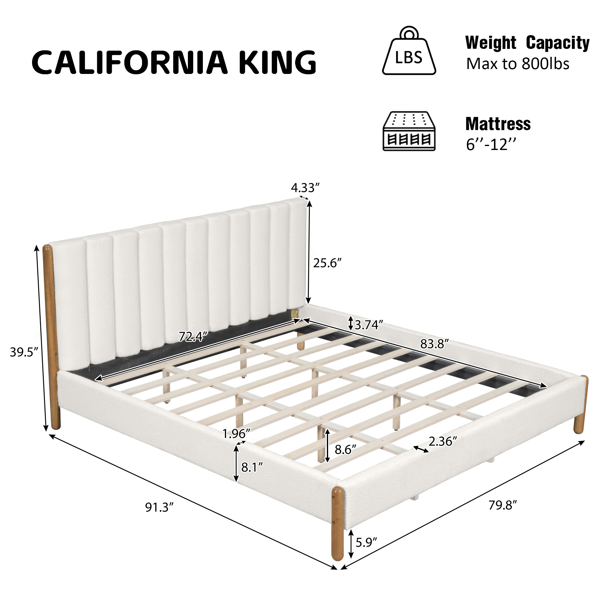 California King Size Bed Frame with Boucle Upholstered Thick Headboard & Solid Wood Legs, Platform Bed for Bedroom, White