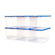 Homz 64 Qt Secure Latch Large Storage Container Bin w/ Blue Lid, Clear (6 Pack)