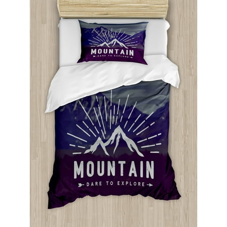 - Adventure Duvet Cover Set, Dare to Explore Quote Mountain Landscape Journey Adventure Themed Motivational Image, Decorative Bedding Set with Pillow Shams, Indigo, by Ambesonne