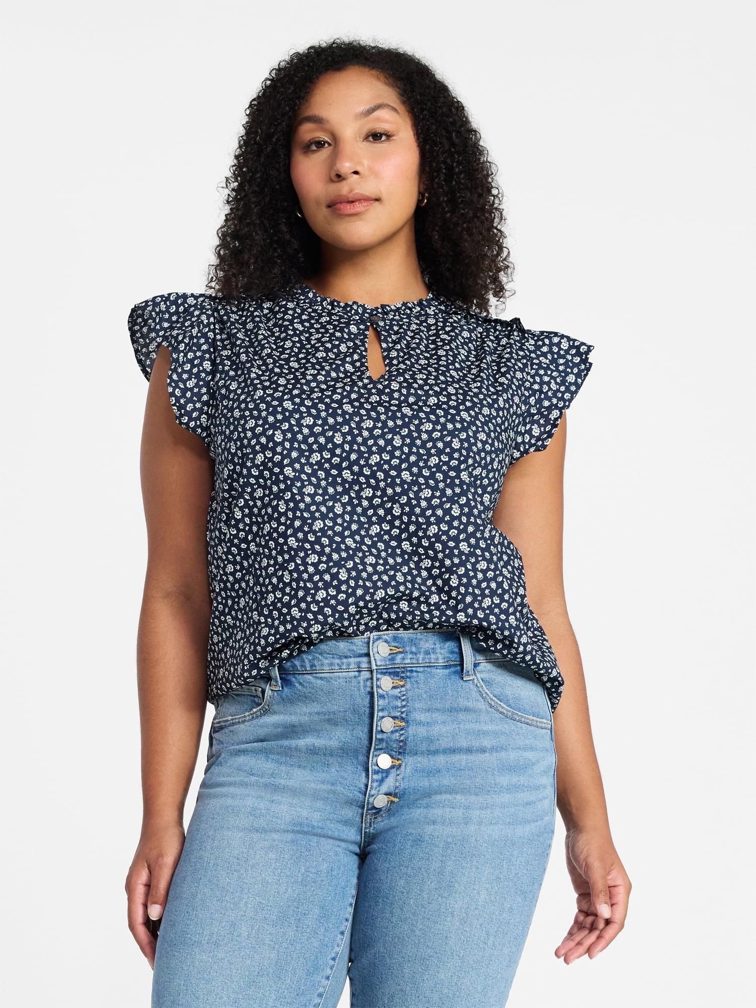 Time and Tru Women's Cotton Split Neck Top with Flutter Sleeves, Sizes XS-XXXL