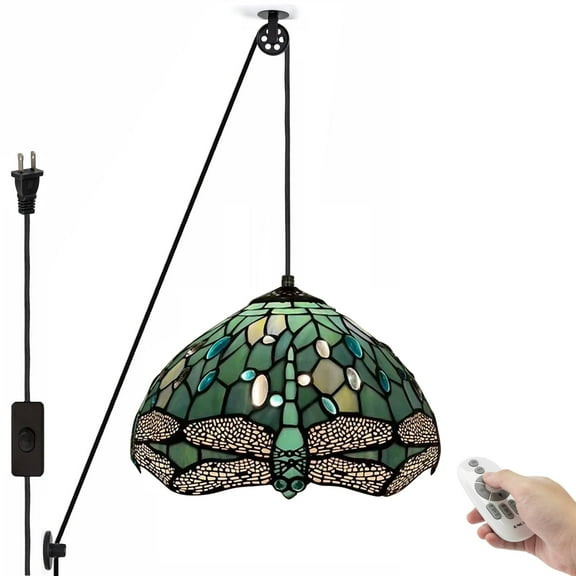 Kiven Plug in Glass Pendant Light ,Classic Pulley Hanging Light with Remote Control,Retro Dimmable Ceiling Pendant Light for Bedroom Foyer Hallway Kitchen Island, E26 Socket