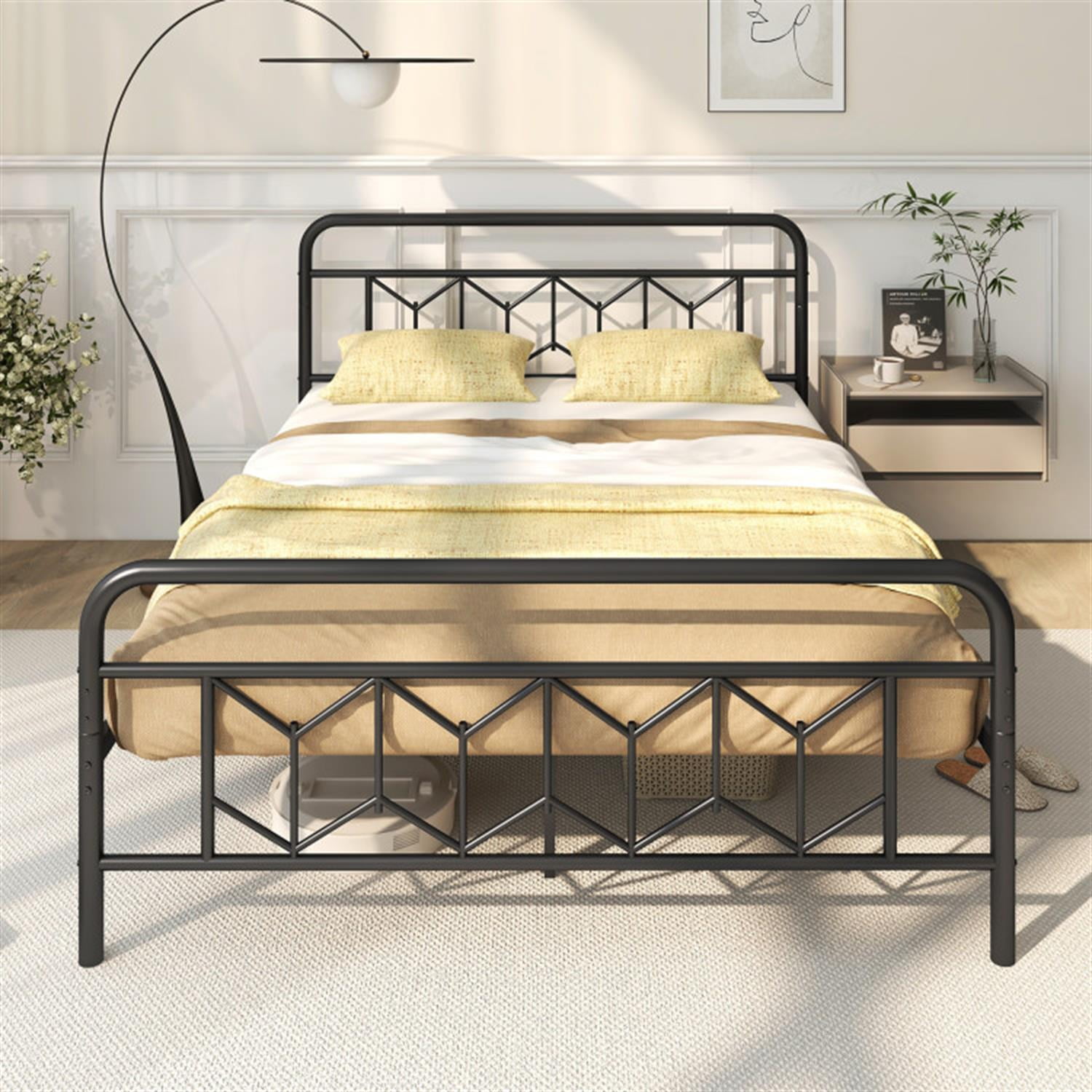 Demi Bonn Queen Size Bed Frame with High Headboard and Snap Lock Metal Slats, Platform Bed Frame with Under Bed Storage, No Box Spring Needed, Black